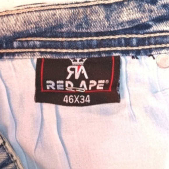 Red Ape Moto Biker Acid Wash Blue Jean Whisker Distress Ribs 46 Skinny Big Tall - Picture 4 of 12